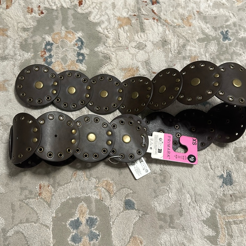 Brown leather studded belt with gold hardware